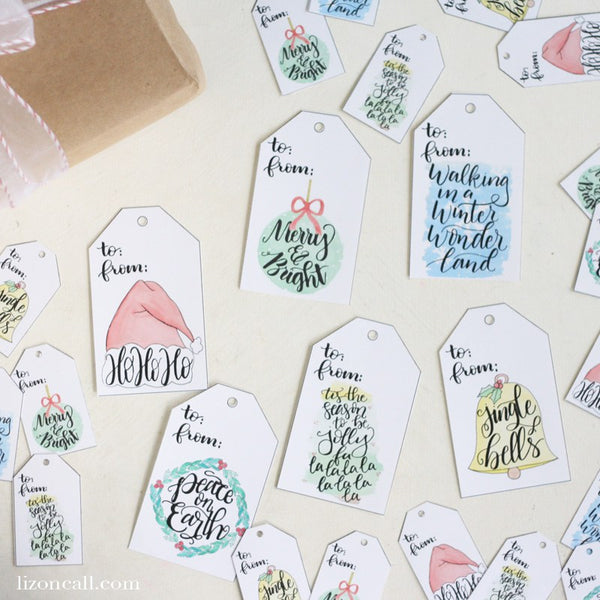 Hand lettered watercolor Christmas gift tags with 6 designs and 2 sizes in an instant download
