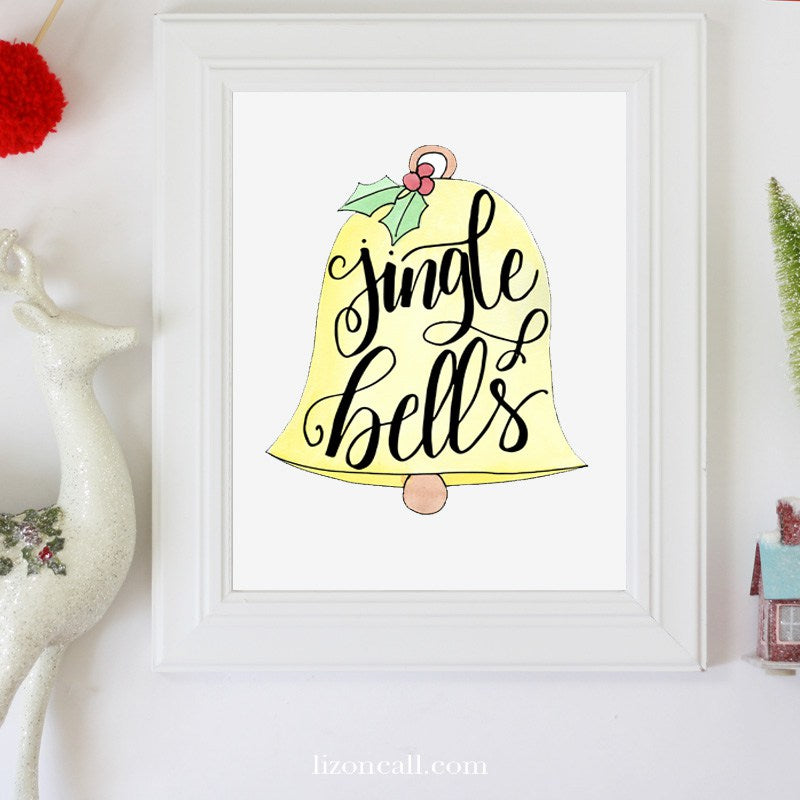 Handlettered watercolor Jingle Bells Christmas printable