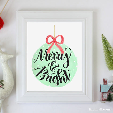 Hand lettered merry and bright watercolor ornament print