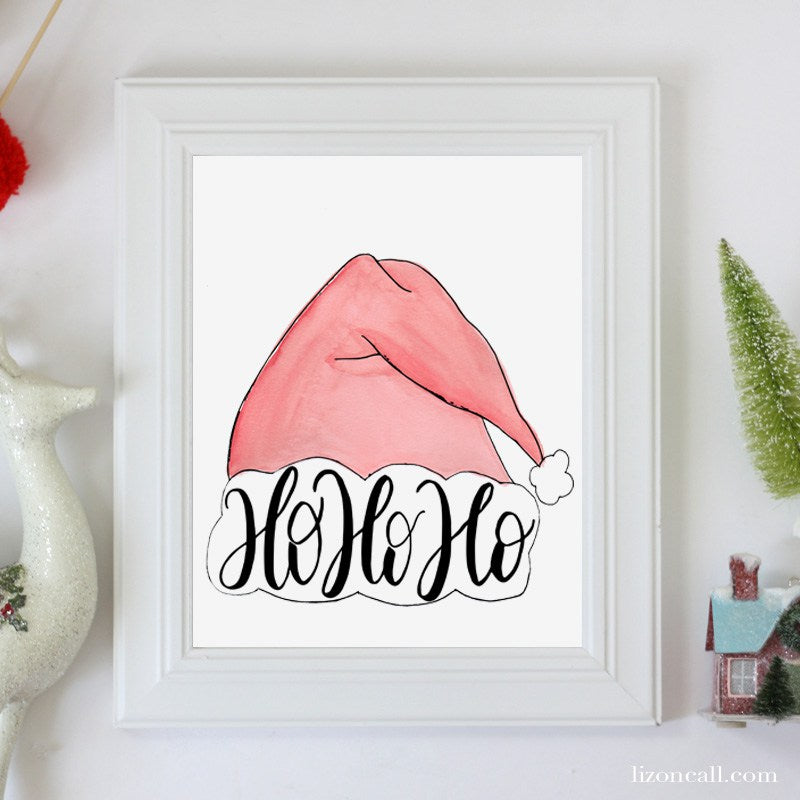 Ho Ho Ho handlettered Christmas Printable. Watercolored Santa Hat printable